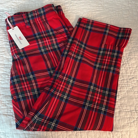 NWT Vineyard Vines Jolly Plaid Ruffle Cocktail Pant Calypso Red - Picture 1 of 8
